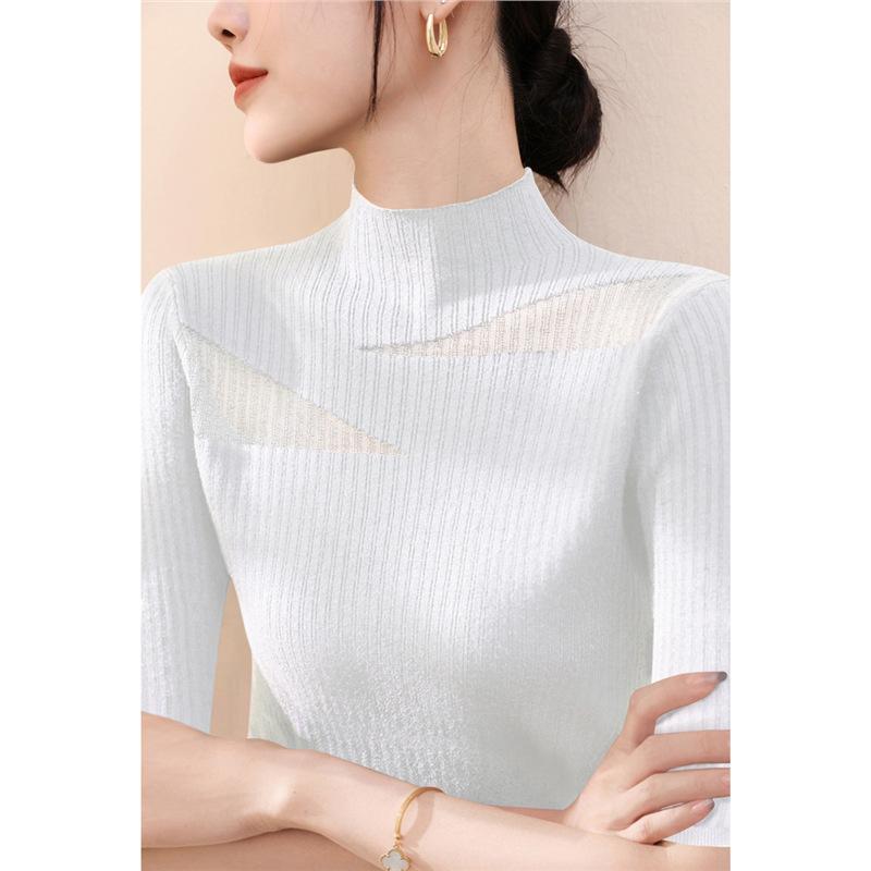 Women Half‑High Neck Lace Knit Top Summer Tencel Mesh Hollow 5/4 Sleeve Slim Ice Silk Blouse S‑3XL