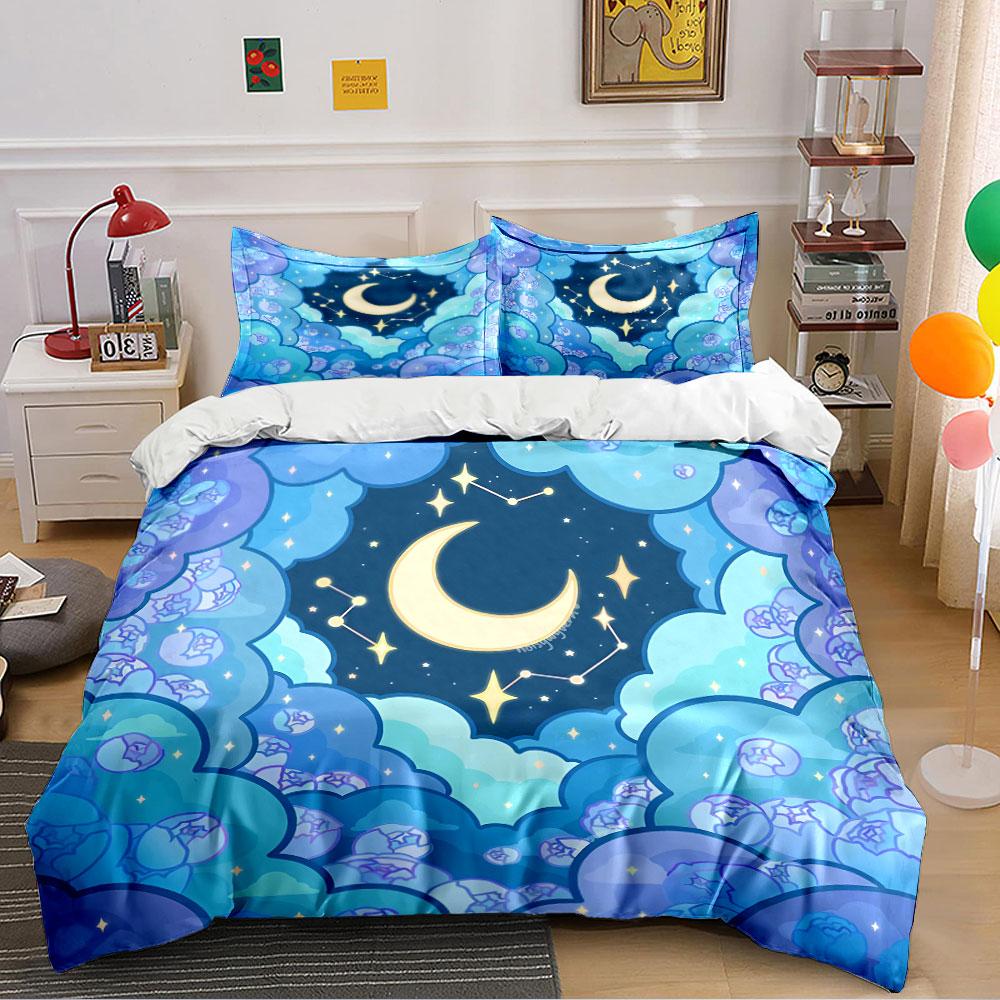 Moon and Stars in Blue Sky Bedding Duvet Cover Set Duvet Cover Pillowcases (1*Duvet Cover 2*Pillowcases, without duvet insert)