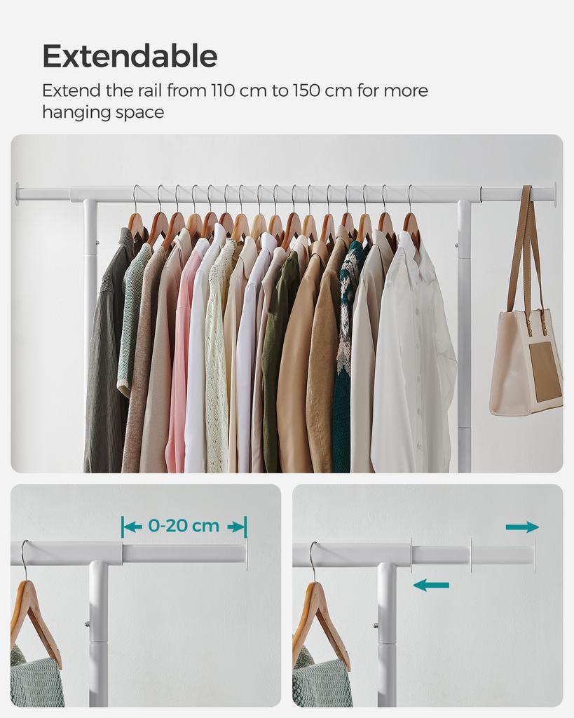 SONGMICS Clothes Rack with Wheels, Heavy-Duty Garment Rack with Extendable Hanging Rod, 130 kg Load Capacity, 45 x (110-150) x 160 cm, Chrome-Plated