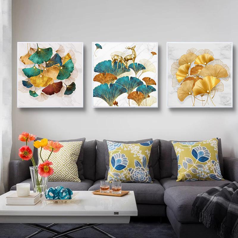 Moderne bunte Blattgoldpflanze Ginkgoblatt Wohnzimmer Veranda Hintergrund Wanddekoration Malerei rahmenloses Wandbild