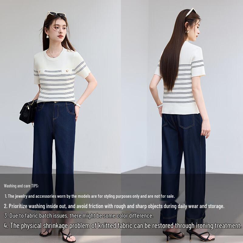 VICTORIA&VERA Women's Striped Knit Short Sleeve Top with Gold Buttons