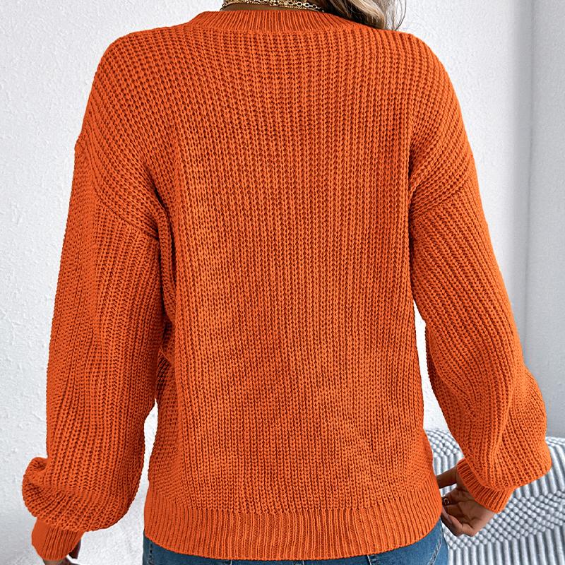 Women's Keyhole V-Neck Pullover with Puff Sleeves Solid Color Casual Knit Sweater