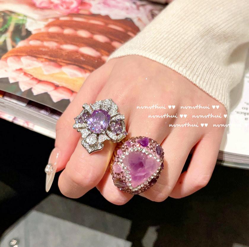 Uruguayan Purple Flower Gemstone Ring Vintage Plated 18K Gold, Tanzanian Amethyst Zircon Ring, Necklace