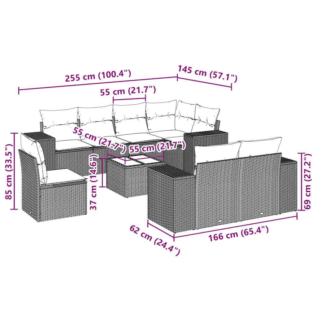 9 Piece Garden Sofa Set with Cushions Light Grey Poly Rattan