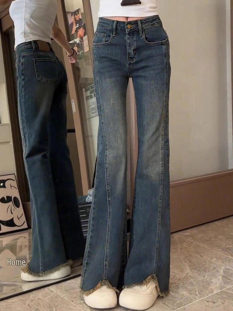 2025 Autumn Plus Size High Waist Blue Retro Frayed Micro-Flare Jeans for Women