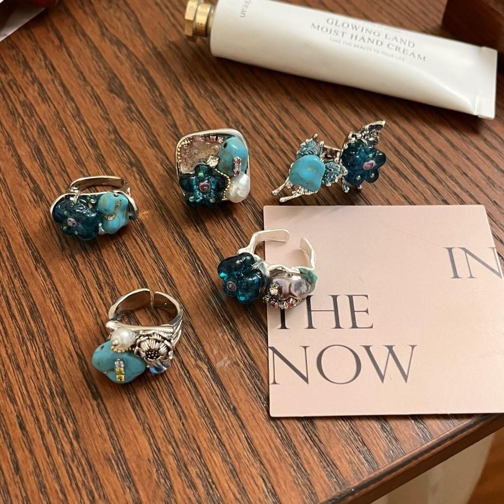 Stackable Glass Flower Ring Rhinestone Western Geometric Ring Fashion Turquoise Rings  Jewelry