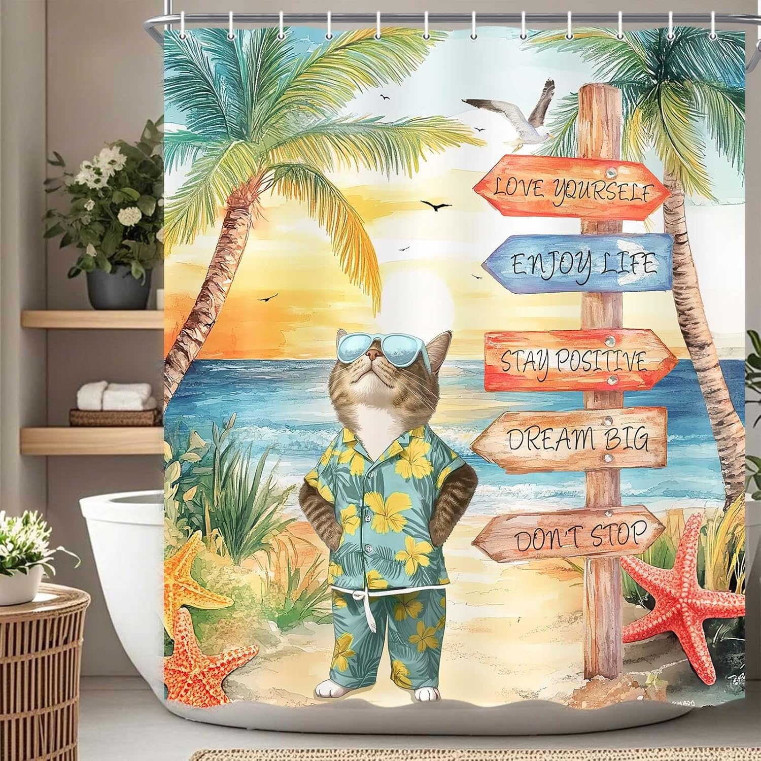 Tropical Beach Shower Curtain, Summer Beach Shower Curtain Set Funny Cat Bathroom Curtains Decor, Ocean Coastal Sunset Bath 90x180CM
