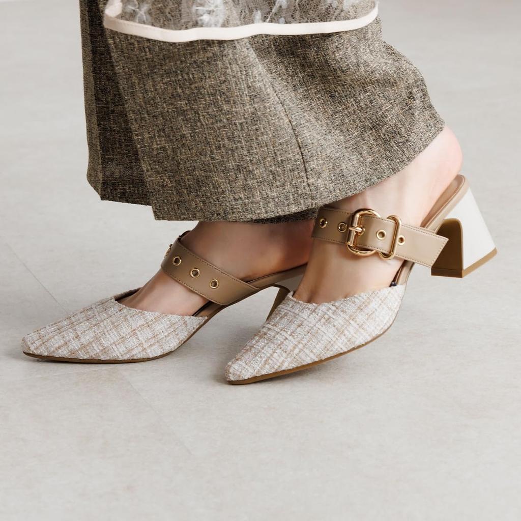 Pointed Chunky Easy To Slip On and Work HIMIKO Metal Accent Mule S Toe, Heel, 6.5cm Heel, Off, Pumps, (Himiko), Pumps, 640012, beige/C