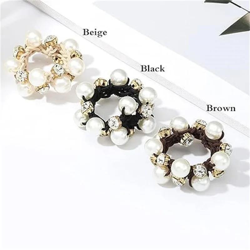 1PC-3pcs Paux Pearl Brimmed Hair Tie Glitter Rhinestone Decor Hair Rope Retro Style Scrunchies For Women