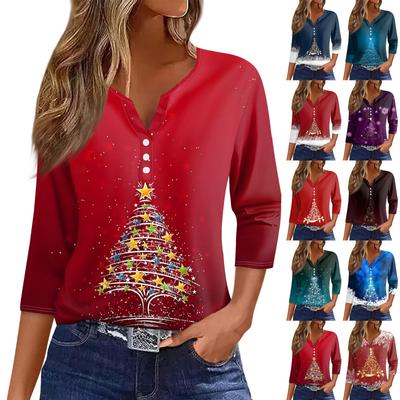 Women's T Shirt Tee Christmas Print Button  3/4 Sleeve Daily Weekend Fashion Basic V- Neck Regular Top