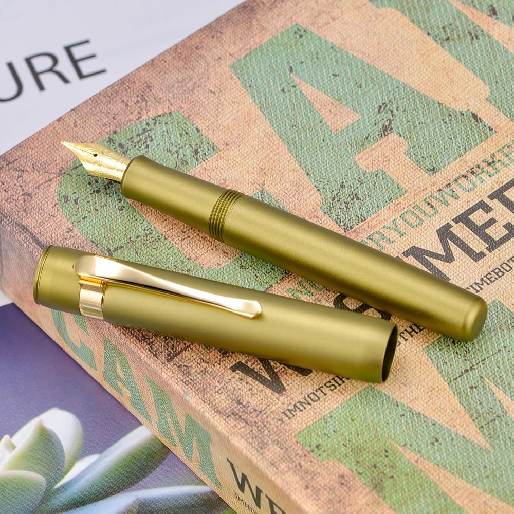 Hongdian M2 Mini Fountain Pen, Olive Green, Fine Nib, Soft Tip, Aluminum, Slim Pocket Travel Pen