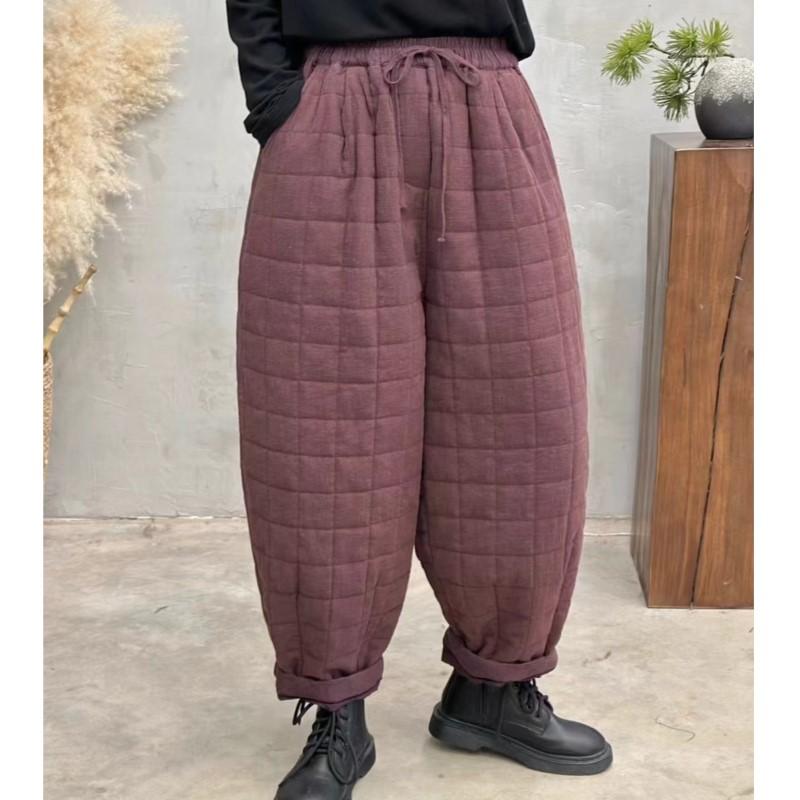 Johnature Woman Winter Vintage Solid Color Harem Pants Elasticated Waist Chinese Style Loose Pants