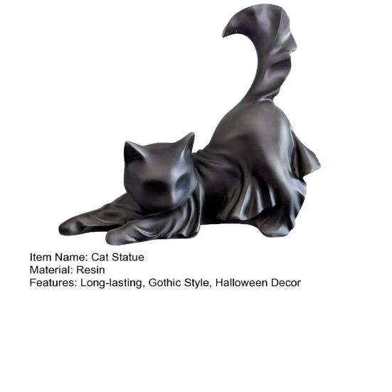 Black Ghost Cat Statue Resin Halloween Ghost Cat Figurine Gothic Feline Sculpture