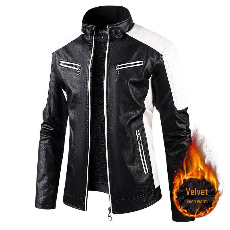 2025 Men's Color Block PU Leather Motorcycle Jacket - British Casual Style