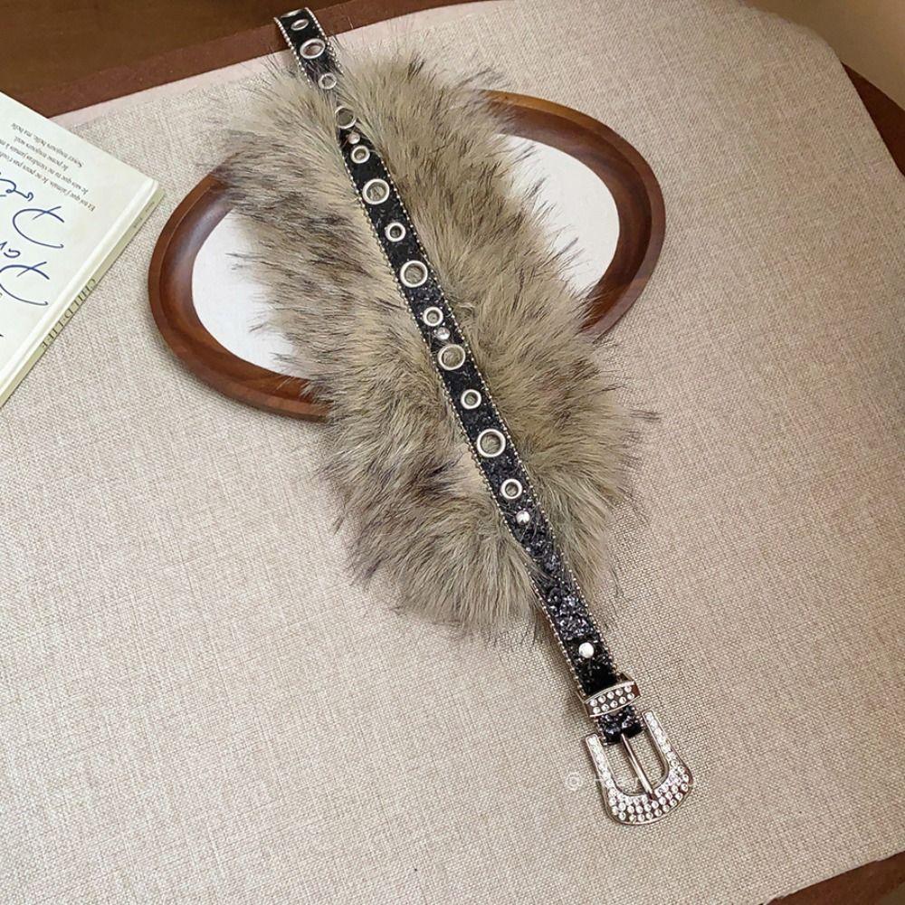 Rhinestone Furry Waistband Spicy Girl Style Y2K Plush Waist Belt Leather Fur Belt  Dress Decoration