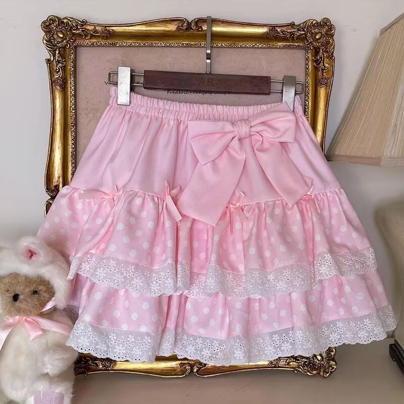 Vintage Harajuku Lolita Style Mini Skirt Women Kawaii Polka Dot Bow Lace Cake Pink Skirt Gothic Cute Sweet Schoolgirl Y2k Skirts