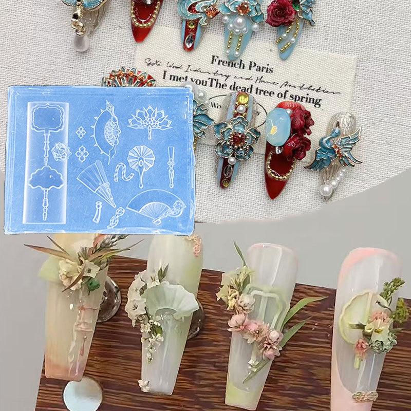 3D Chinese-Style Silicone Nail Mold Exquisite Dragon Copper Coins Bells Buttons Chinese Knots Fan Mold Transparent Nail Art Mold