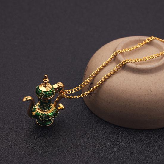 Vintage Enamel Green Teapot Pendant Long Chain Women Sweater Necklace Jewelry