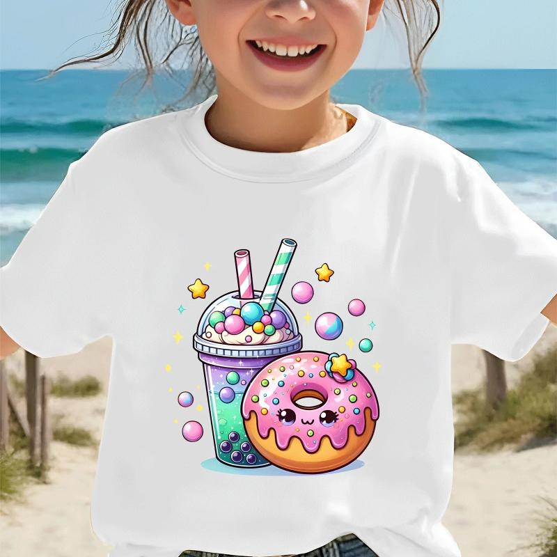 

A White Short-Sleeve Top with a Sweet Milk Tea Donut Star Pattern, Perfect for Girls to Wear in The Summer 100cm белый