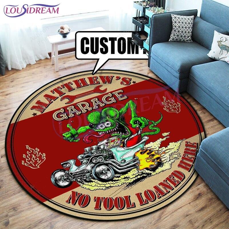 Tappeto Rotondo Garage Hot Rod Rat Fink Retrò, Tappetino Decorativo Artistico Personalizzato, Tappeto da Area Lavabile Antiscivolo per Camera da Letto e Ufficio
