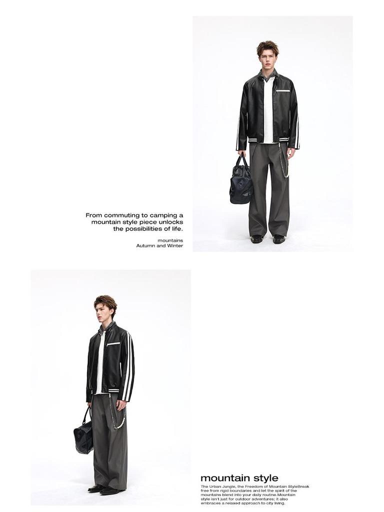 Herren Trendy Lederjacke mit Stehkragen - Lockere Passform, Lässig, Modisch, Bequemes Gewebe mit Schlichtem Linienmuster.