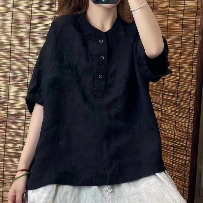 Retro Cotton Linen Short Sleeve Loose Summer Shirt