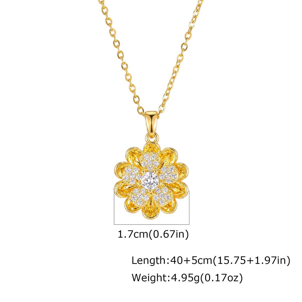 Spinnable CZ Sunflower Pendant Necklace for Women, Gold Plated Stainless Steel Lip Chain, Anti Anxiety Fidget Jewelry