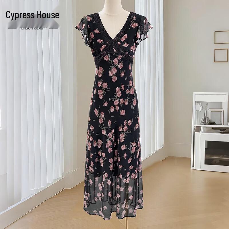 Silbaishe V-Neck Rose Floral Slimming Dress M