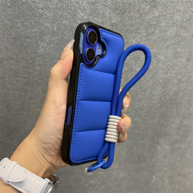 Módní péřová bunda Pouzdro s popruhem na zápěstí pro iPhone 15 16 Pro Max 14 Plus 11 12 13 S šňůrkou Jednobarevné Měkké Nárazuvzdorné Pouzdro