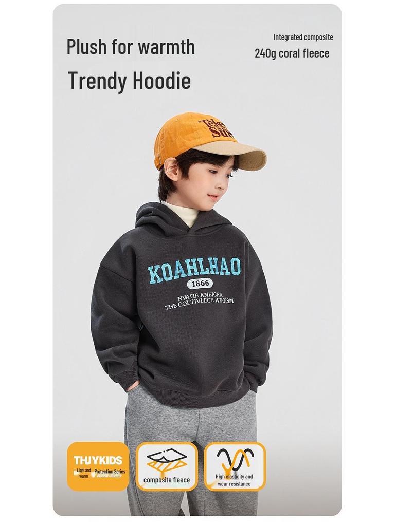 Boys' Fleece-Lined Hooded Sweatshirt - Winter 2025 Style, Thickened for Medium and Large Children