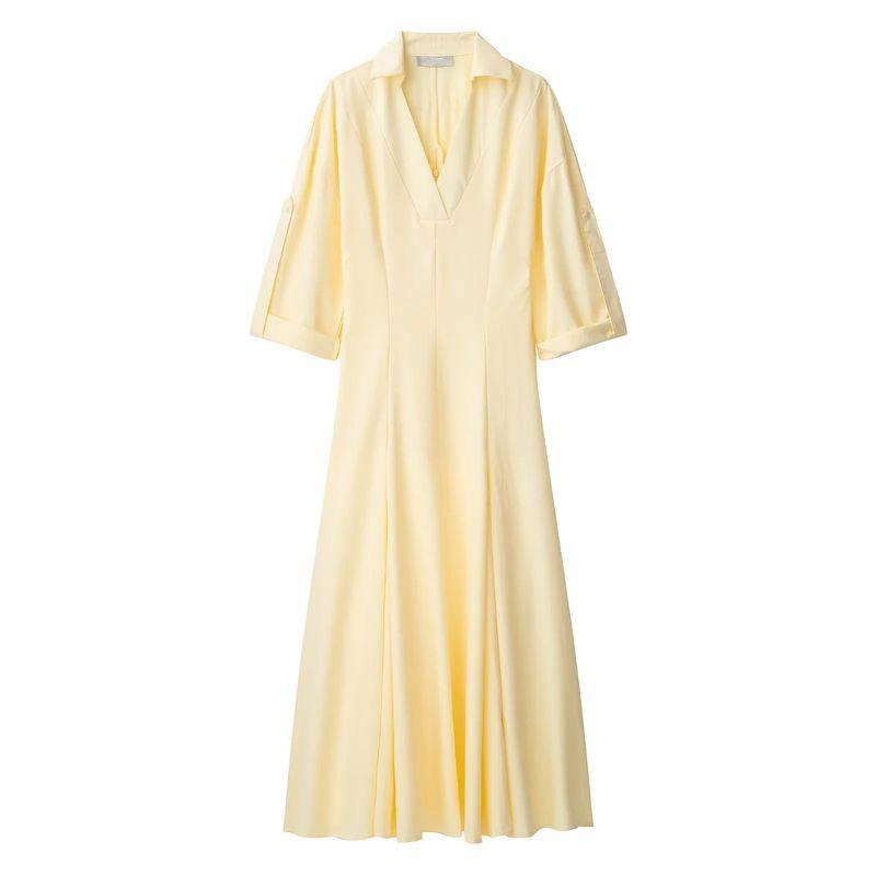

Summer New Product Women s Clothes French Simplicity Wind Flip V Neck Short Sleeve A- line High Waist Shirt Trench Coat Long Dress Light yellow L