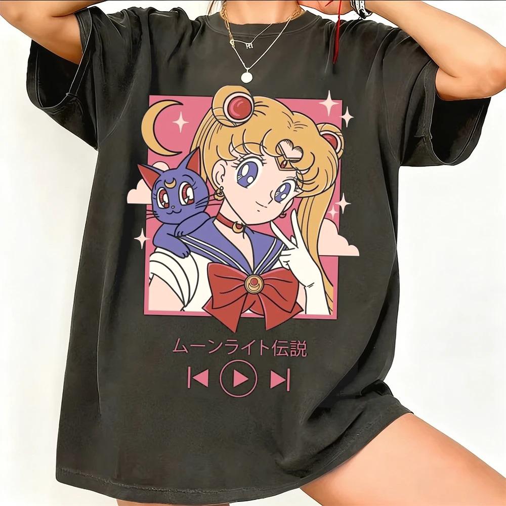 Sailor Moon Retro 90s Anime Grafické Tričko Letní Bavlněné Unisex Dámské Tričko Streetwear Ležérní Trend Krátký Rukáv Párové Hip Hop Top