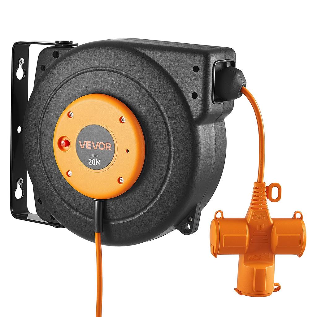 VEVOR Retractable Extension Cord Reel 20 M Heavy Duty 16AWG / 3C Orange, for Ceiling/Wall Mount, Overheat Protection