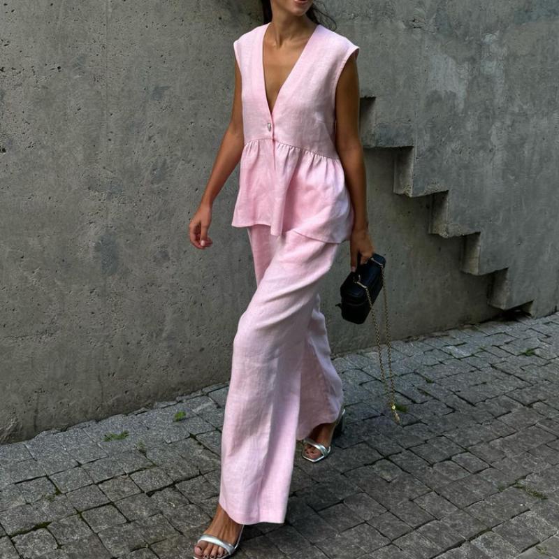Summer Chic Women'S Set Solid Color Cotton Linen Two Piece Set Fashion Ruffles Sleeveless Tank Top With Wide Pants Outfit Female