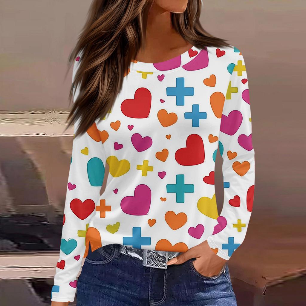 Women's Fashionable Long-Sleeved Round Neck Top with Slit Hem and Valentine's Day Heart Print