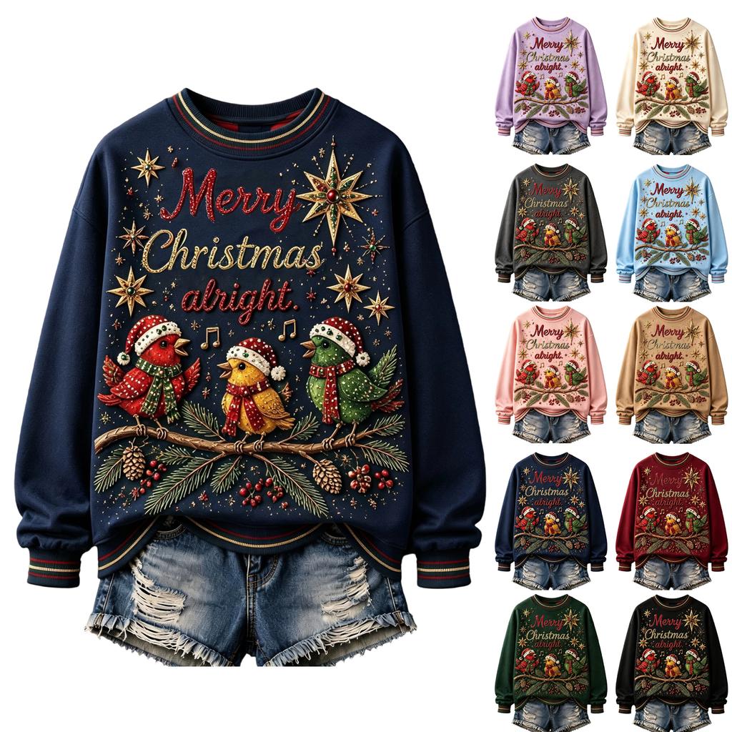 Women's Christmas Print Round Neck Long Sleeve Pullover Top for Holiday Casual Wear