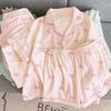 Sweet Striped Bow Print Korean Style Crinkle Pajamas Set for Women - Three-Piece, Short Sleeve Homewear.