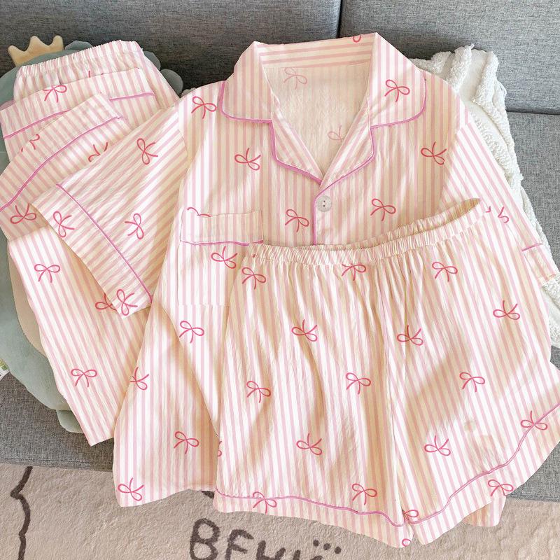 Sweet Striped Bow Print Korean Style Crinkle Pajamas Set for Women - Three-Piece, Short Sleeve Homewear.