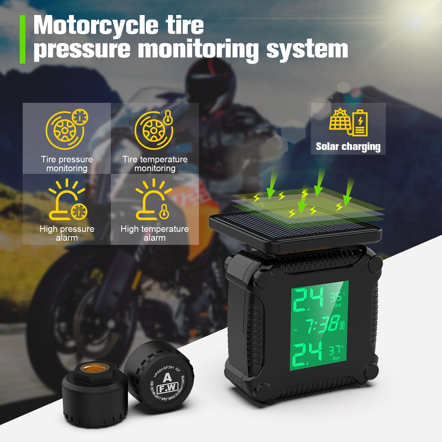 

M9 Tire Pressure Monitoring System Wireless TPMS Motorcycle Solar Charge Tyre Alarm External Sensor Type A