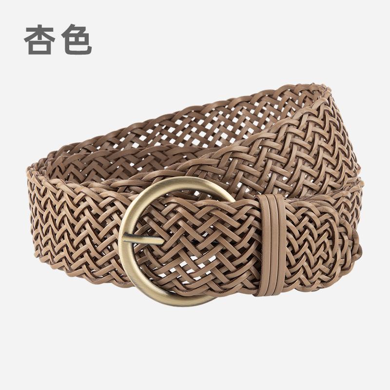 

Women s belt leather woven belt, retro women s round buckle decorative non-punching pin buckle belt 110 абрикосовий