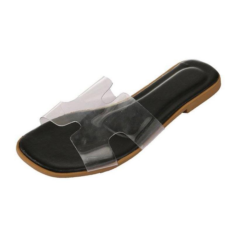Summer new women's shoes one word fashion Korean version transparent jelly cool slippers flat bottom women's square head slippers women