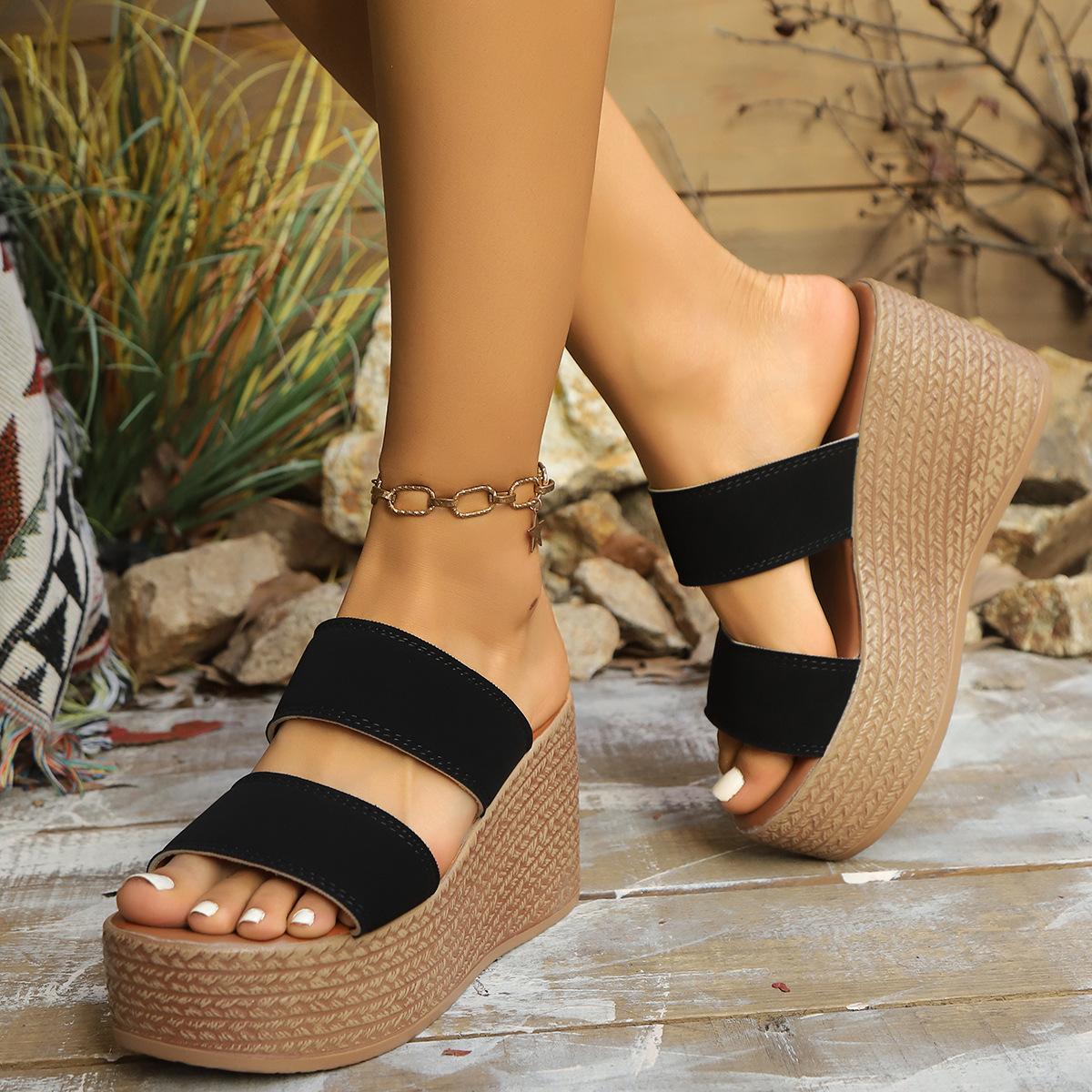 

Большие размеры 2025 новые женские босоножки на танкетке тапочки кексы с толстой подошвой круглая носовая часть повседневные босоножки подходящего цвета партия 34 чёрный