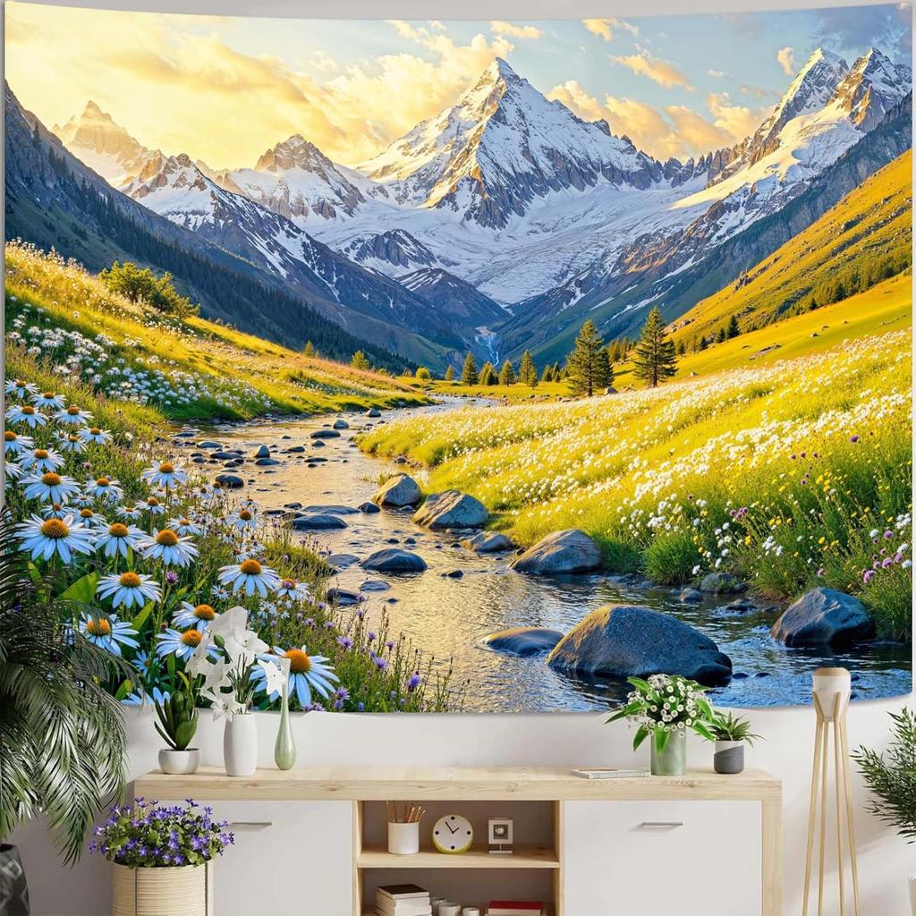 Nature Mountain Tapestry Daisy Flower Yellow Meadow Tapestry for Bedroom Aesthetic Sunlit Valley Snowy Stream Landscape Small
