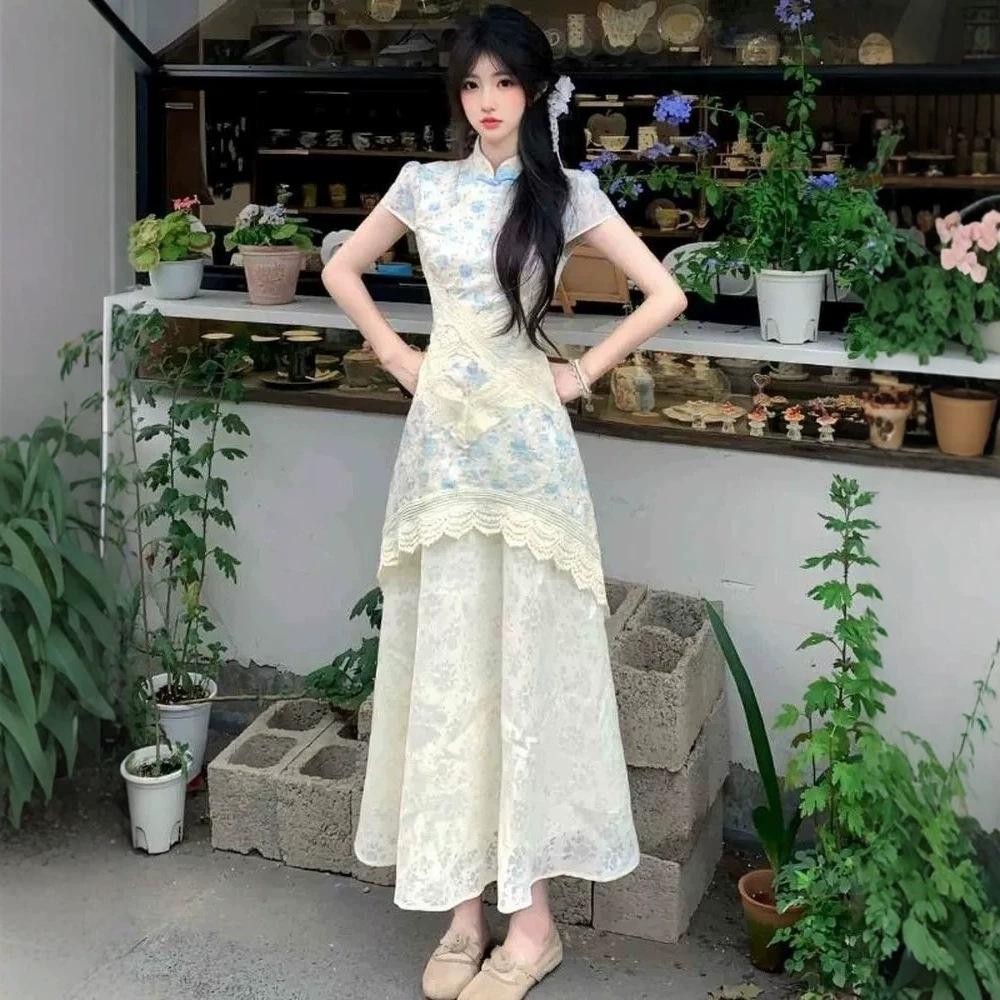 Chiffon cover new Chinese style floral improved cheongsam dress beautiful unique splicing waist temperament dress