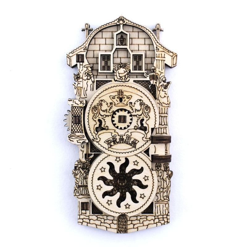 Prague Astronomical Clock 3D Wooden Magnet with Rotating Gears - Czech Travel Souvenir