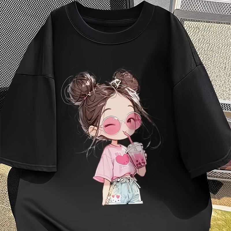 

Женская летняя футболка с милым принтом девочки, в стиле ретро, с коротким рукавом, повседневная, с принтом, топы 8XL чёрный