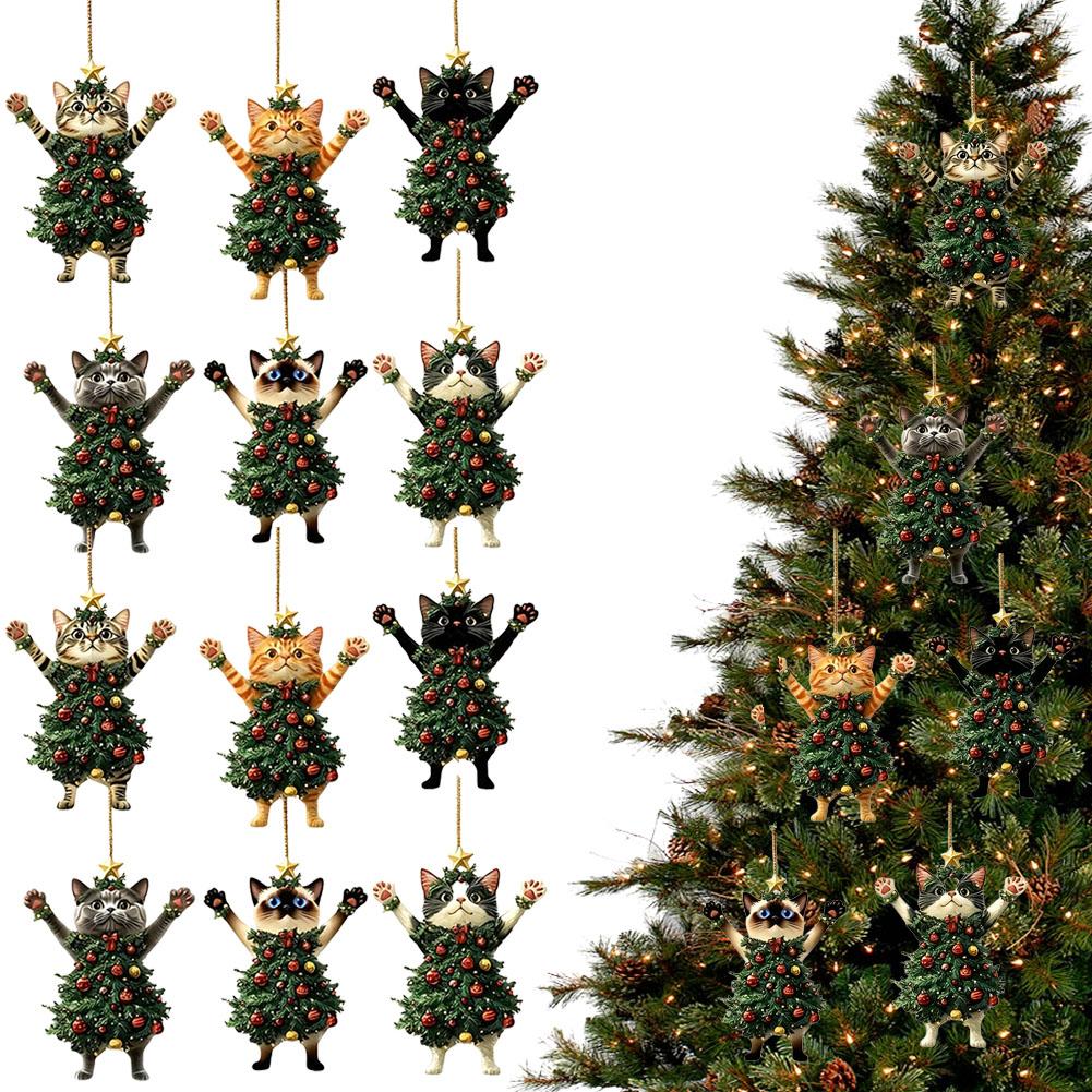Weihnachtsbaum-Anhänger Acryl Niedliche Katze Hängende Ornamente 2D Weihnachts-Katzen-Anhänger 2D Flache Acryl-Weihnachtsbaum-Dekorationen