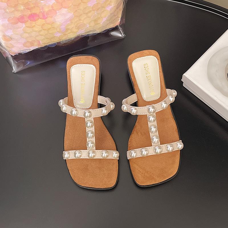 

High-heeled transparent sandals female summer new fairy wind pearl word with crystal heel wear thick heel cool slippers 40 бежевый