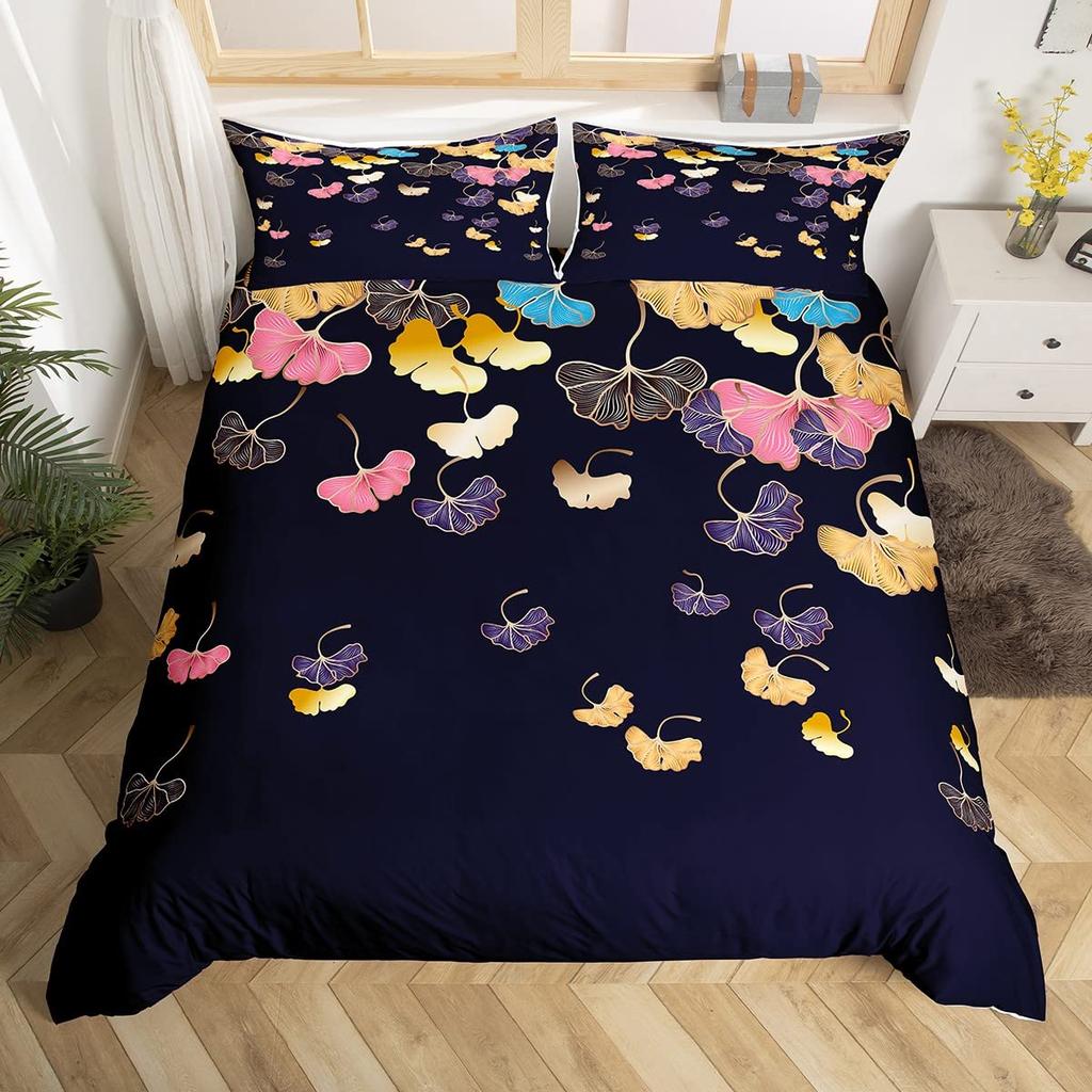 Ginkgo Leaves King Queen Duvet Cover Black Golden Ginkgo Biloba Leaf Bedding Set Botanical Quilt Cover Polyester Comforter Cover
