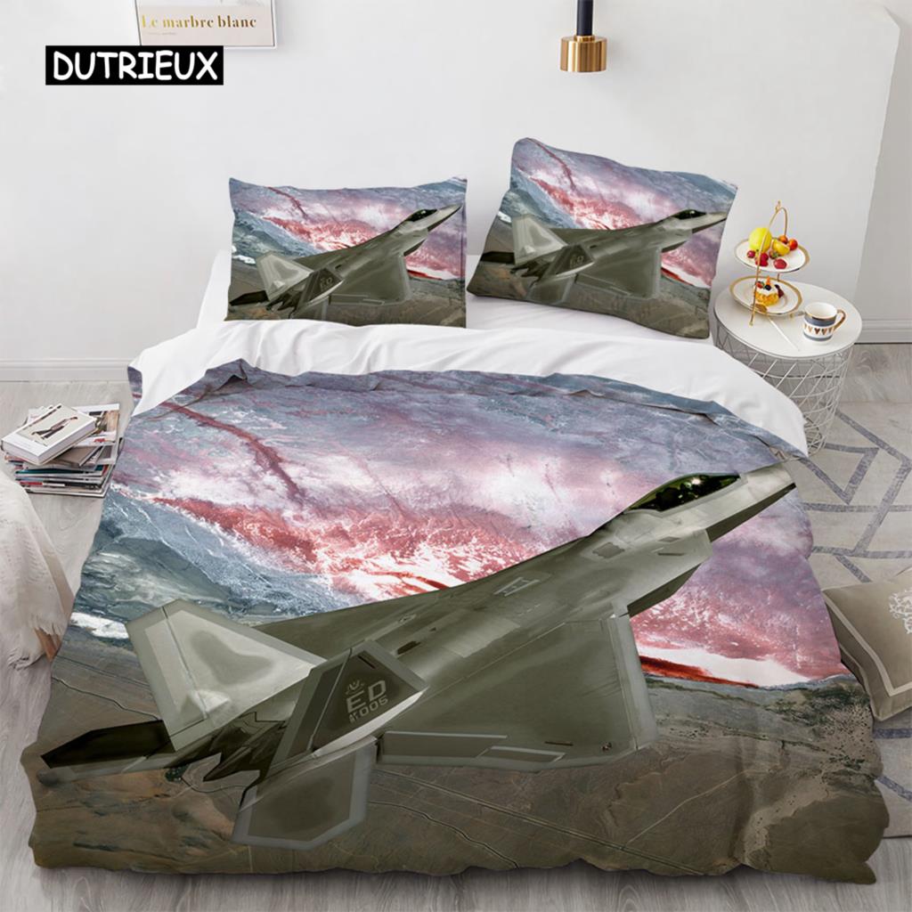 Kampfflugzeug Königin King Bettbezug Militärflugzeug Thema Bettwäscheset Kinder Jungen Männer Sonnenuntergang Flugzeug Polyester Bettdeckenbezug
